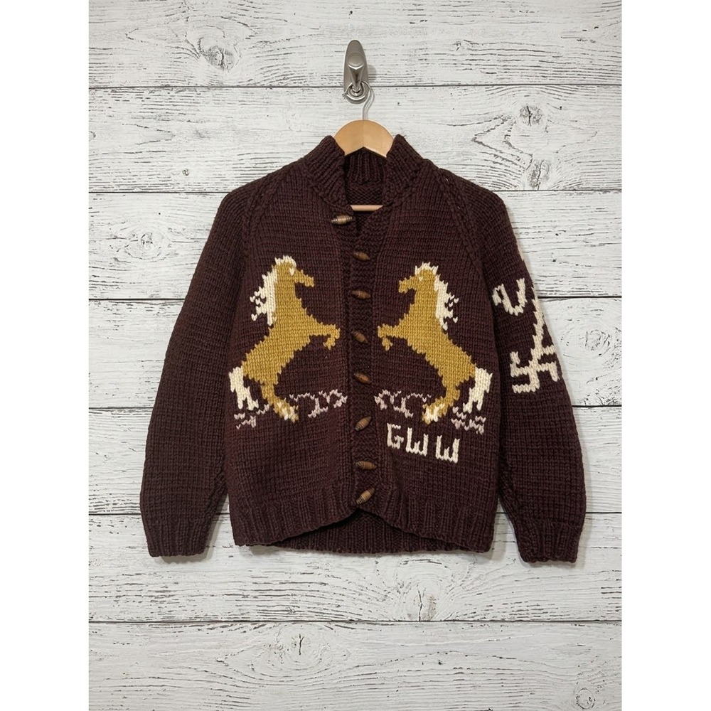 VTG Cowichan Knit Bronco Horse Ranch Western Toggle Cardigan Sweater Brown Wool
